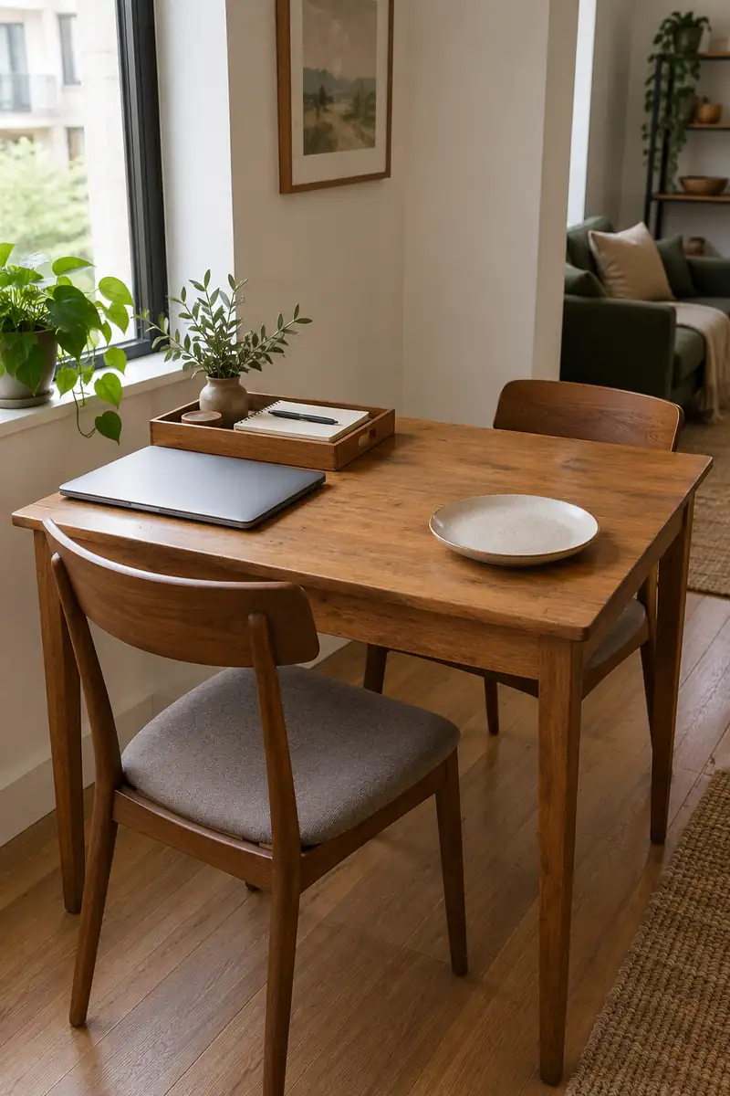 A small dining table with a laptop closed beside a simple tray of work items, leaving room for a meal.