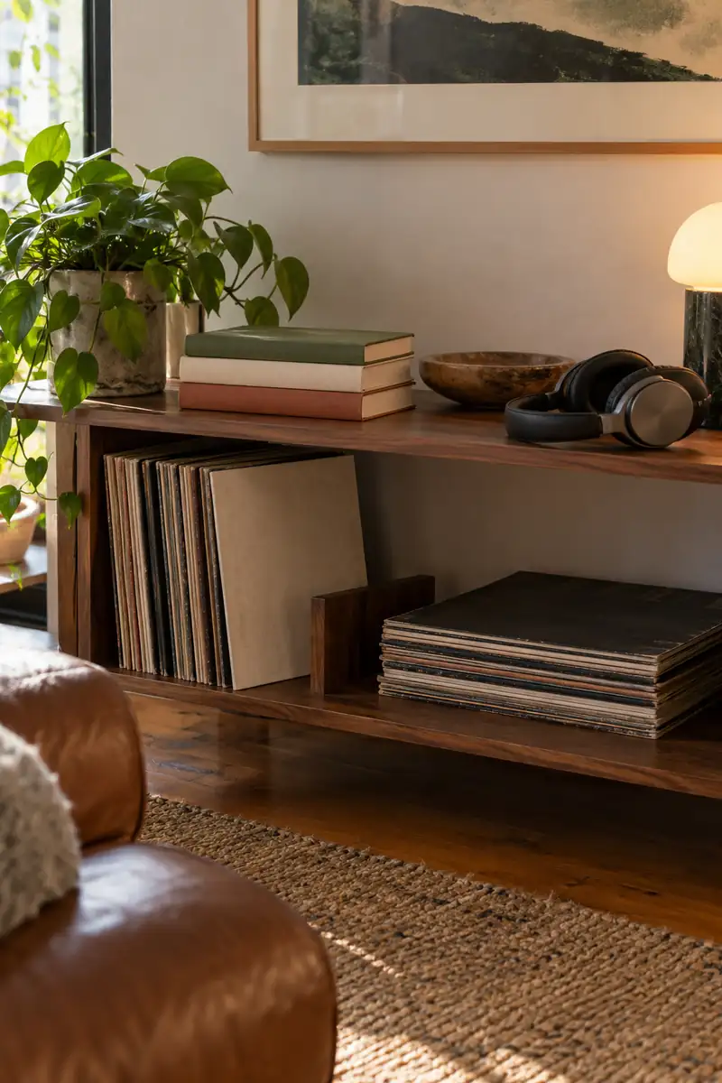 A small shelf with favorite books and a pair of headphones presented as a personal display.