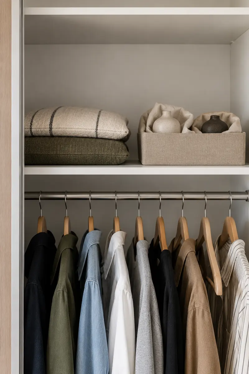 An open closet shelf with neatly stored spare cushions and a small box of decorative objects.