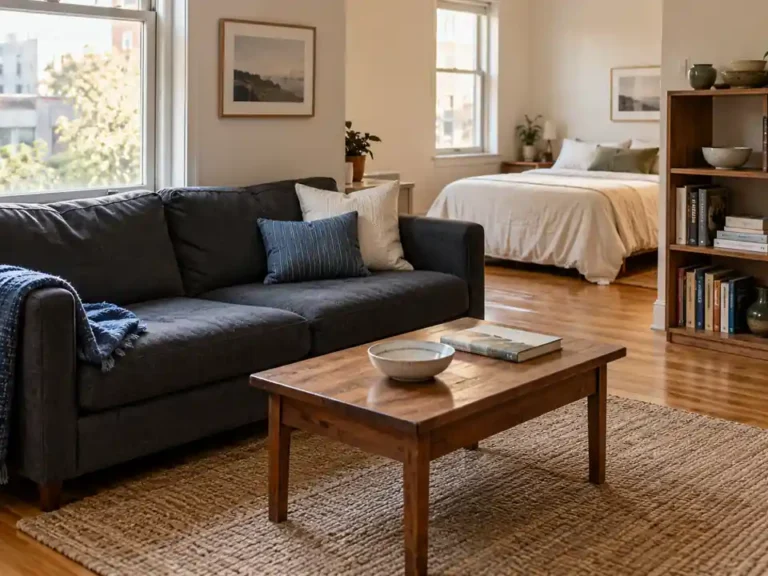 A modest bachelor apartment with a charcoal sofa, wooden coffee table, edited bookshelves, and a neatly made bed.