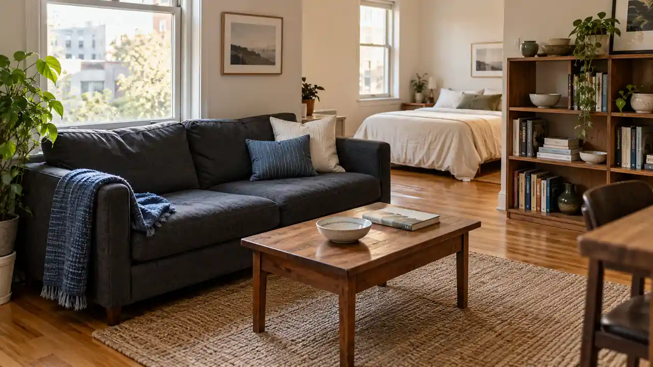 A modest bachelor apartment with a charcoal sofa, wooden coffee table, edited bookshelves, and a neatly made bed.