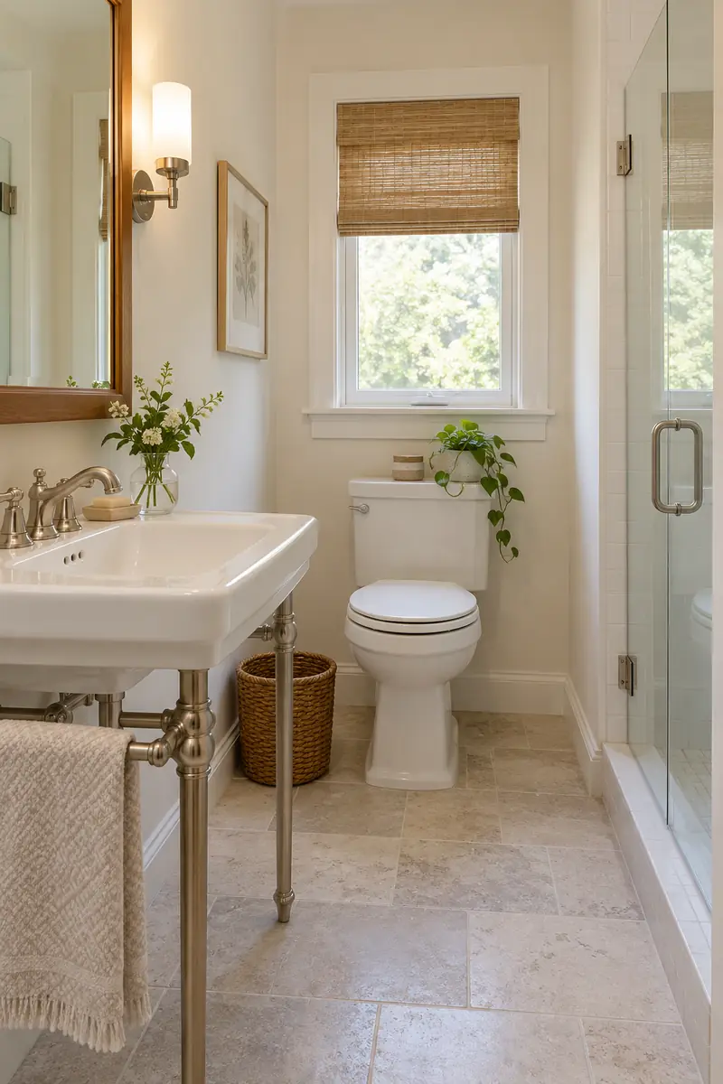 Compact bathroom with warm ivory walls, white sink, pale stone floor and simple nickel fittings.
