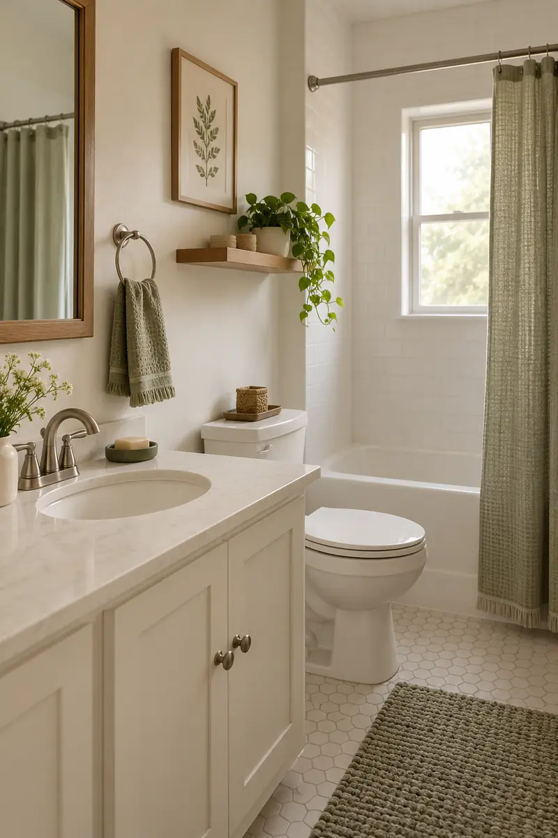 Cream bathroom with muted sage hand towels and matching sage soap dish, otherwise neutral surfaces.