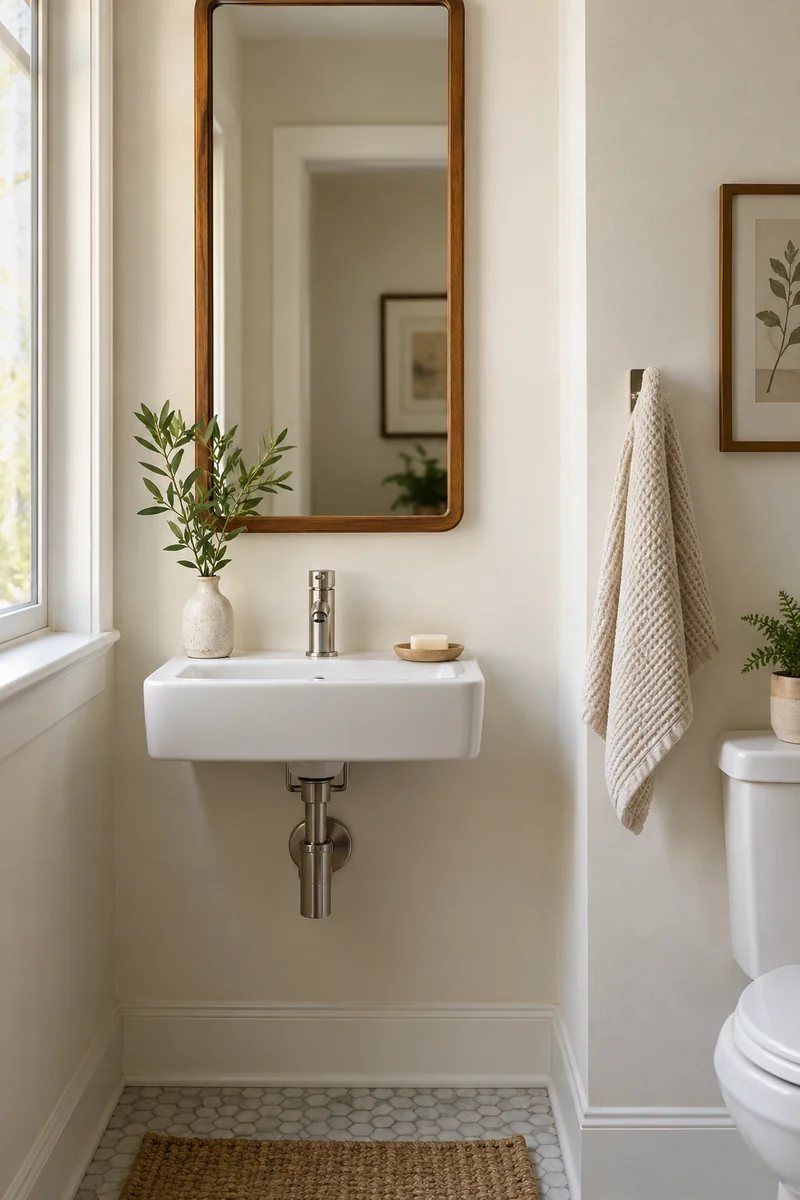 Compact sink wall with a tall rectangular framed mirror, slender proportions, softly lit cream wall.