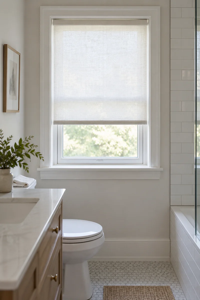 Small bathroom window with a simple translucent privacy shade, soft daylight and an uncluttered white windowsill.