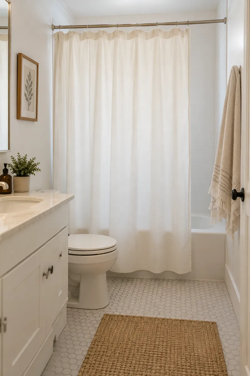 Small bathtub bathroom with one full-length plain warm white shower curtain, simple white walls and clear floor.
