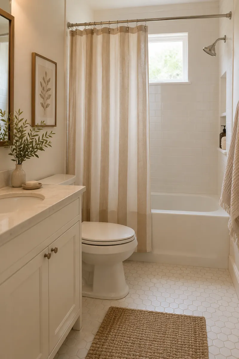 Small cream bathroom with a shower curtain featuring a few broad sand-colored vertical stripes.
