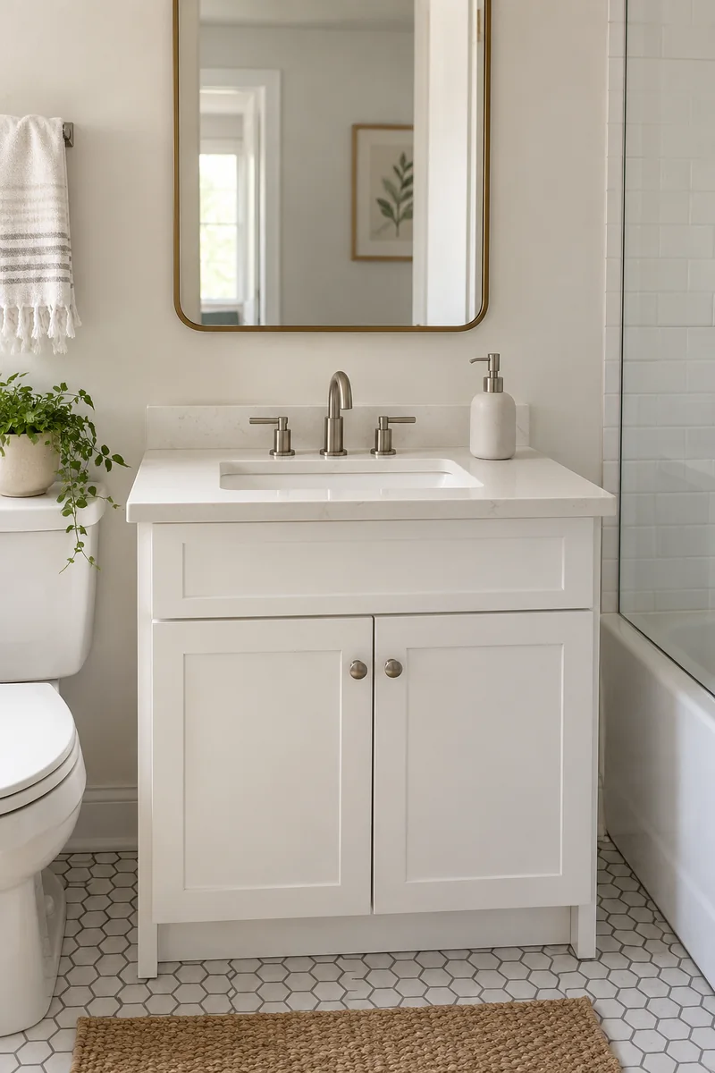 Small white bathroom vanity holding just one pale ceramic soap pump, broad clear counter space on both sides.