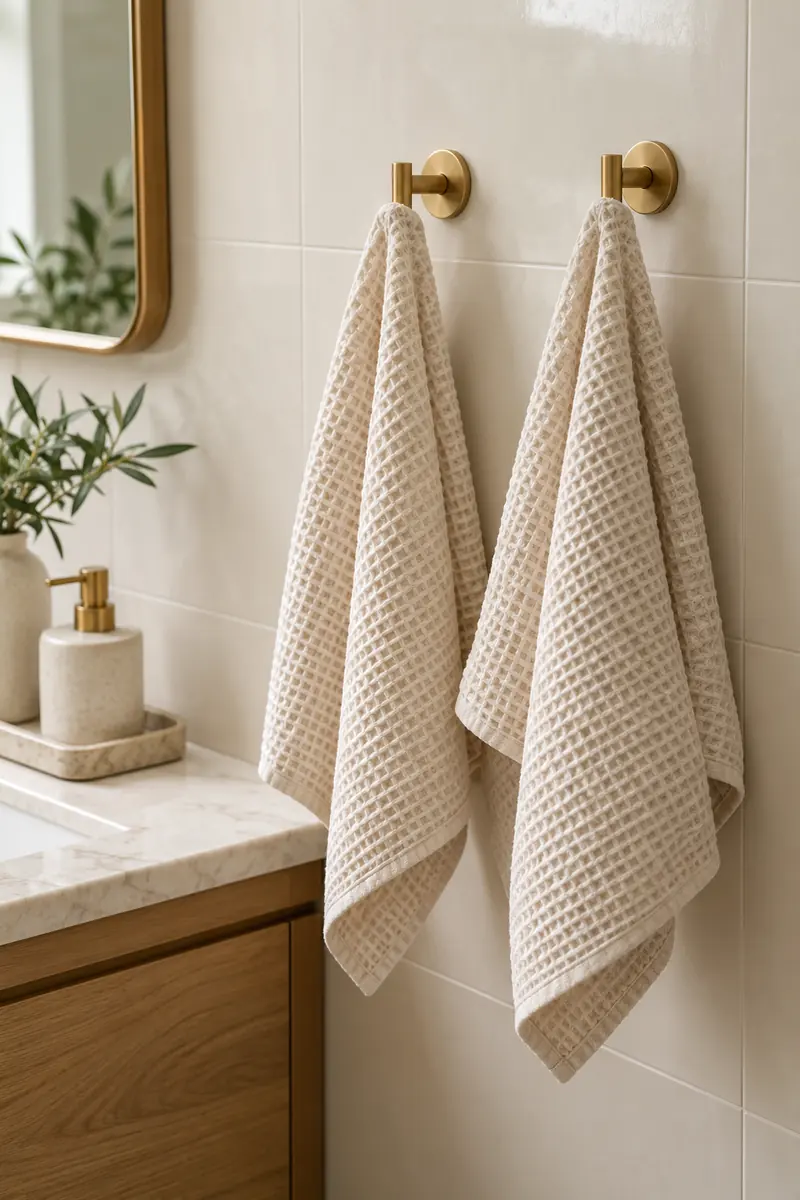 Close view of neatly hanging cream waffle hand towels against smooth ivory bathroom tile.