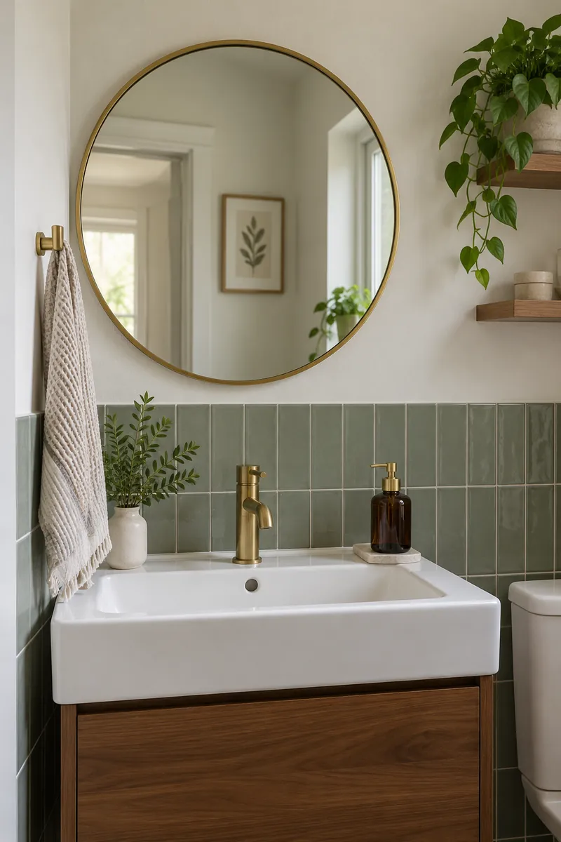 Small bathroom sink wall with a round thin brass framed mirror above a rectangular white basin.