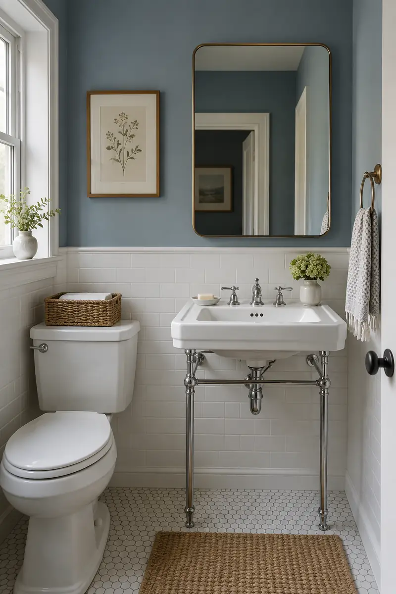 Small bathroom with muted dusty blue upper wall above white tile wainscoting and a simple white sink.