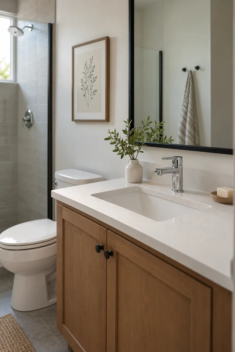 Close view of small bathroom vanity with chrome faucet and a narrow black mirror frame, minimal accessories.