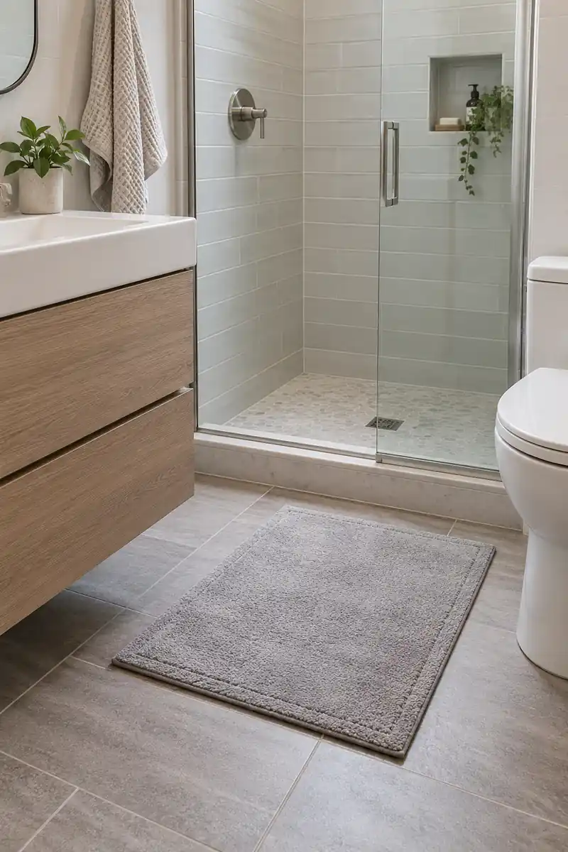 Compact bathroom with a single simple pale gray washable bath mat fitting in front of shower with floor visible around it.