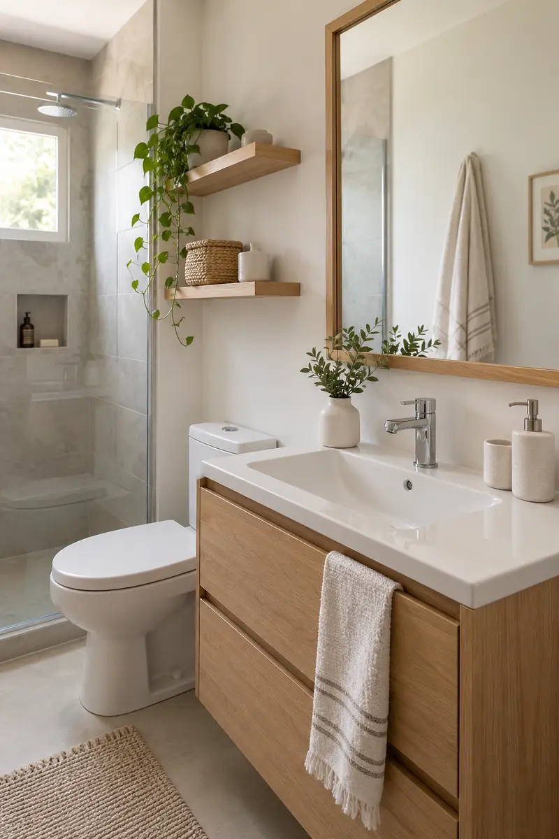 Small bathroom with light oak mirror frame, white sink and ceramic accessories, dry wall placement.