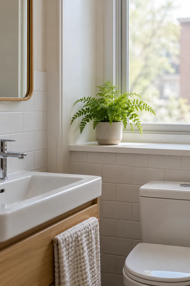 Tiny fern in ceramic pot on a dry bathroom windowsill with bright indirect daylight and no clutter.