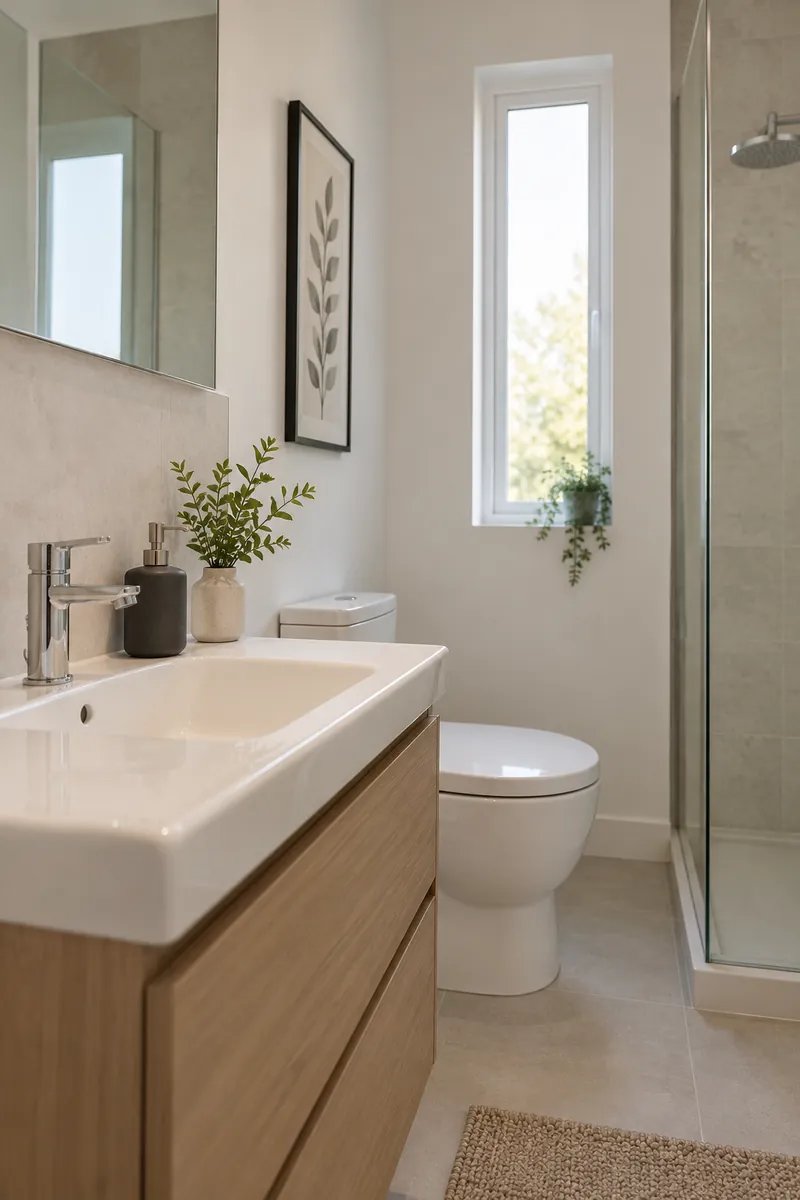 Pale compact bathroom with a single deep charcoal ceramic soap dispenser and dark narrow artwork frame.