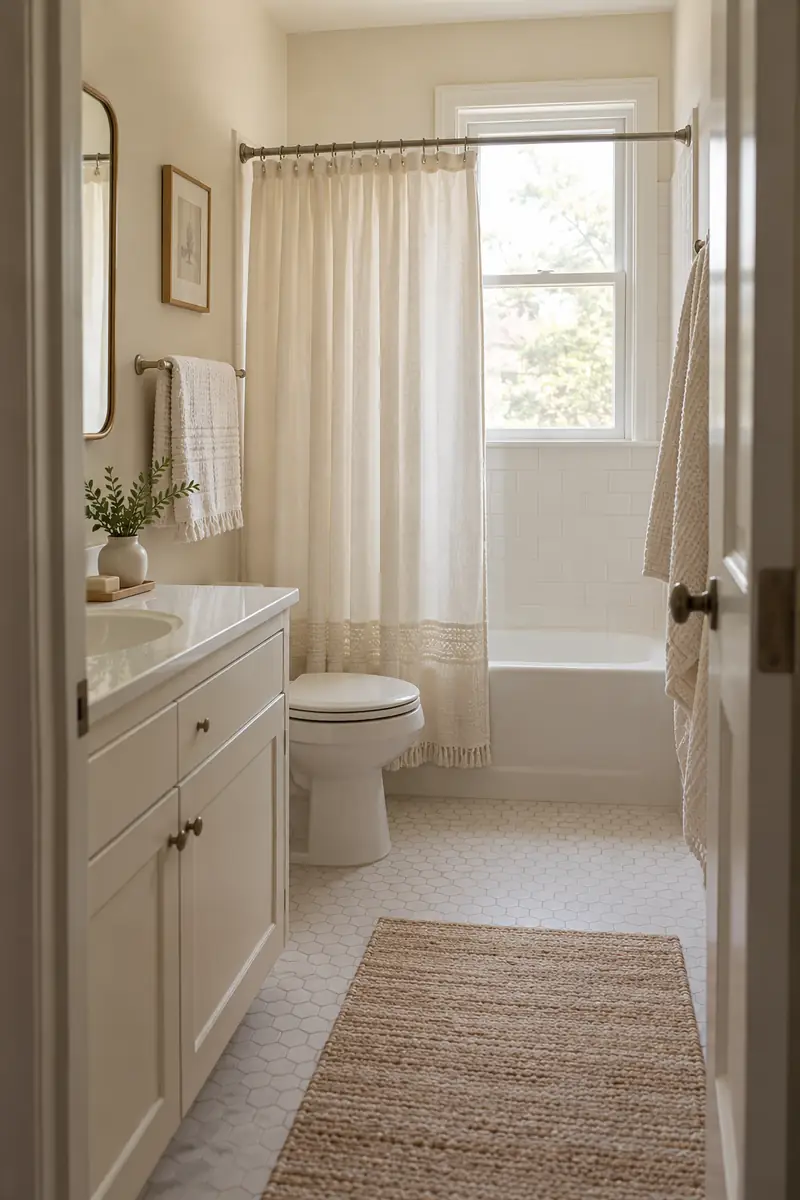 Doorway view into a finished small cream bathroom with coordinated ivory curtain, pale towels, simple mirror and fully clear walkway.