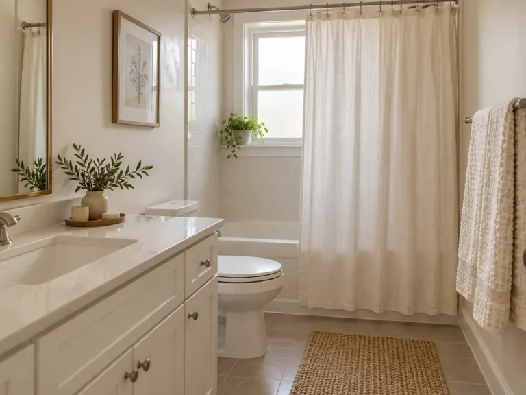 Small cream bathroom with a tall mirror, soft daylight, textured towels and a plain shower curtain.