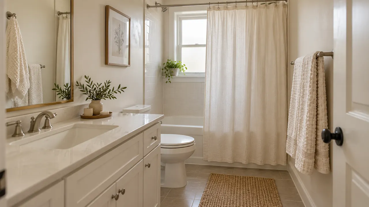 Small cream bathroom with a tall mirror, soft daylight, textured towels and a plain shower curtain.
