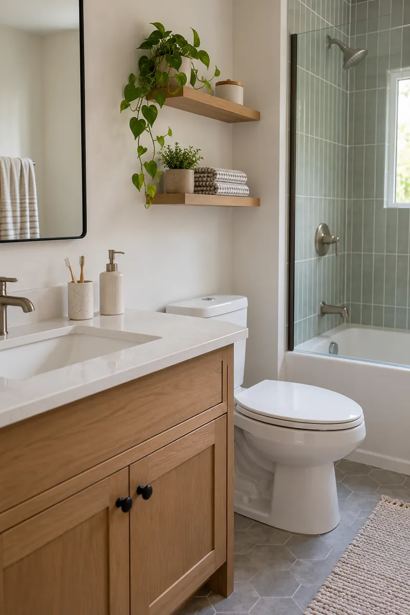 Small bathroom counter with just toothbrush cup and soap pump, clean open space for daily use.