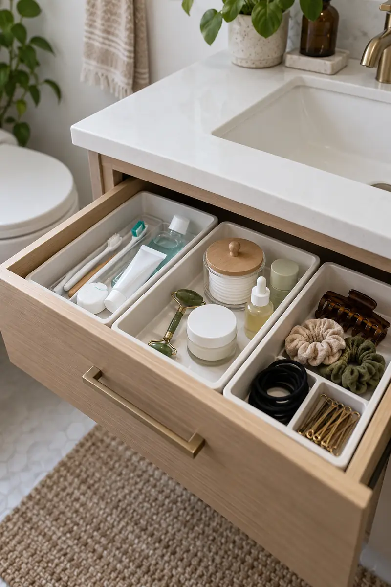 Open bathroom drawer containing three shallow trays separating dental supplies, facial care and hair accessories.