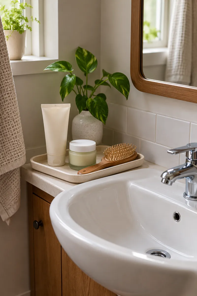Removable pale tray with face wash, moisturizer and hairbrush beside a small bathroom sink, labels blank.