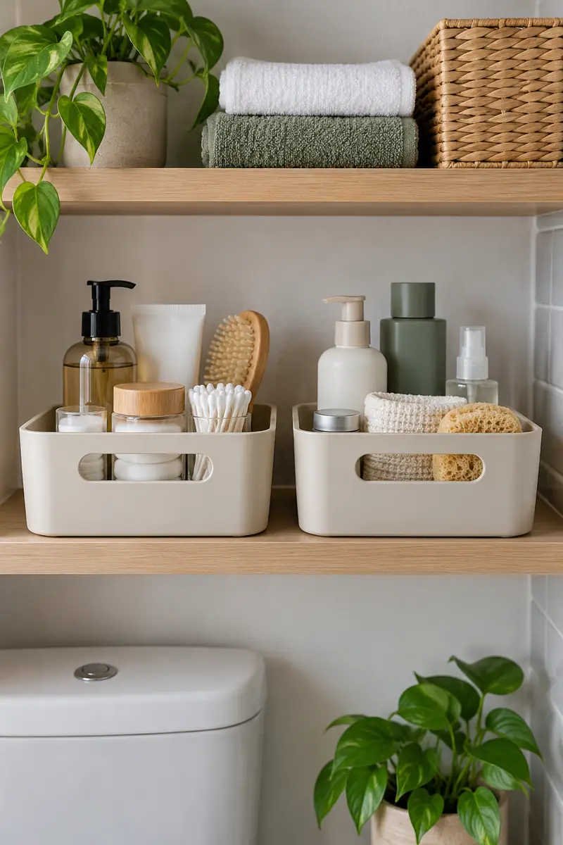 Two identical personal bathroom caddies side by side on a dry shelf, each containing different everyday toiletries.