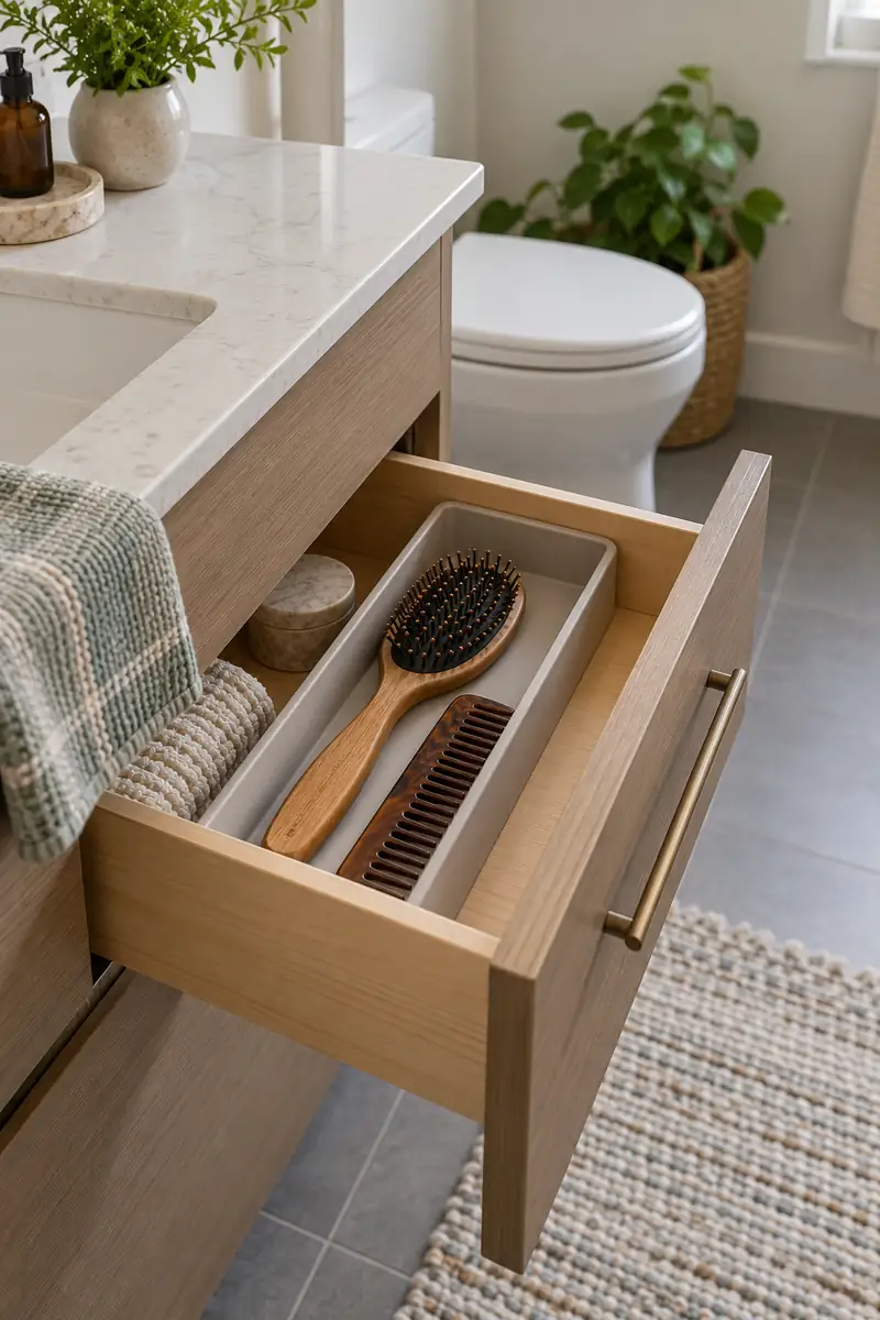 Open shallow bathroom drawer with hairbrush and comb laid flat in a long washable divider.
