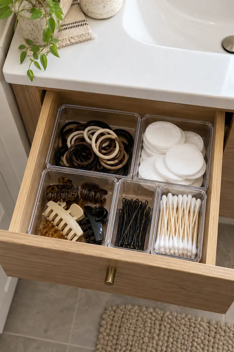 Top-down view of a small bathroom drawer with reusable plastic compartments holding hair ties, cotton pads and clips separately.