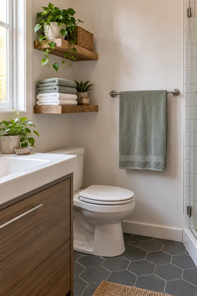 Bathroom hand towel hanging fully open on a bar, separate neat dry folded towels on an adjacent shelf.