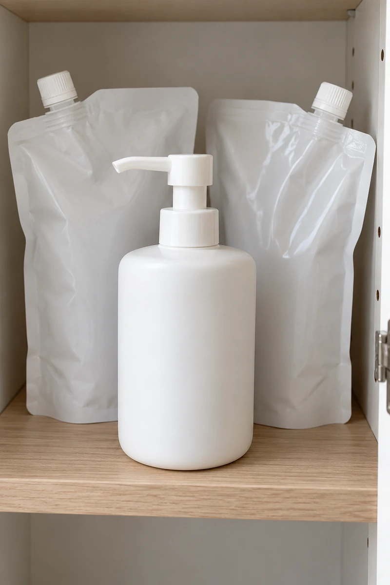 One soap pump at the front of a dry bathroom cupboard shelf with two sealed refill pouches behind it.