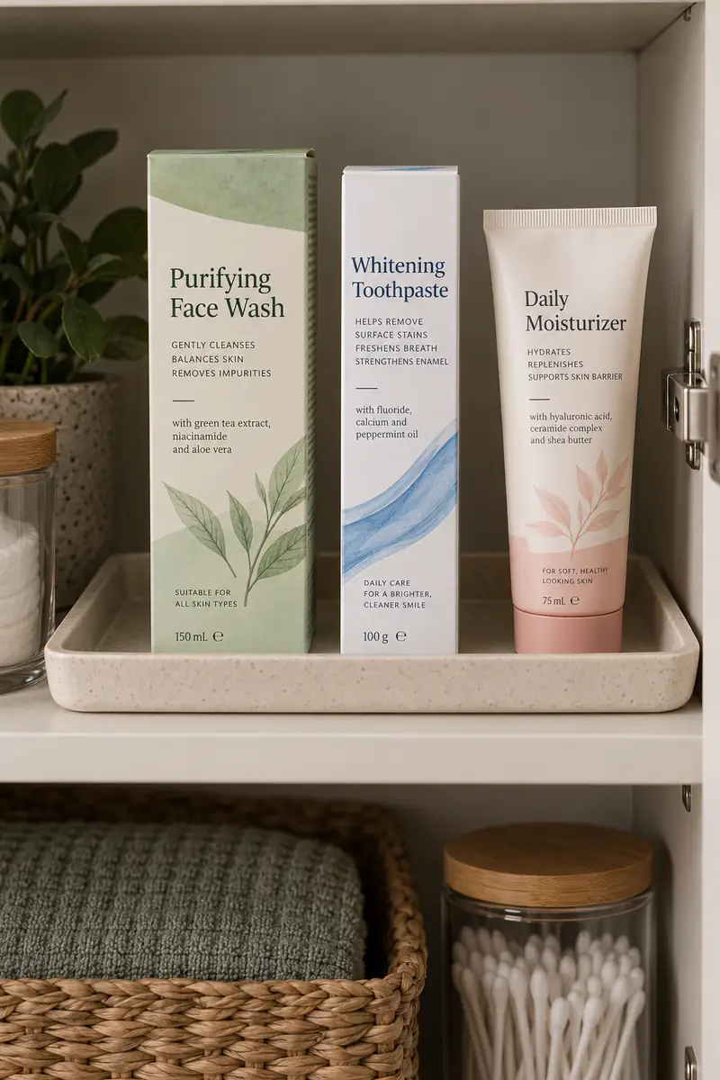 Original retail toiletry boxes and tubes with printed product information arranged upright in a tray inside a bathroom cupboard.