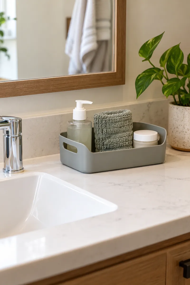 Small washable bathroom caddy holding face cleanser, washcloth and moisturizer on a dry counter near the sink.
