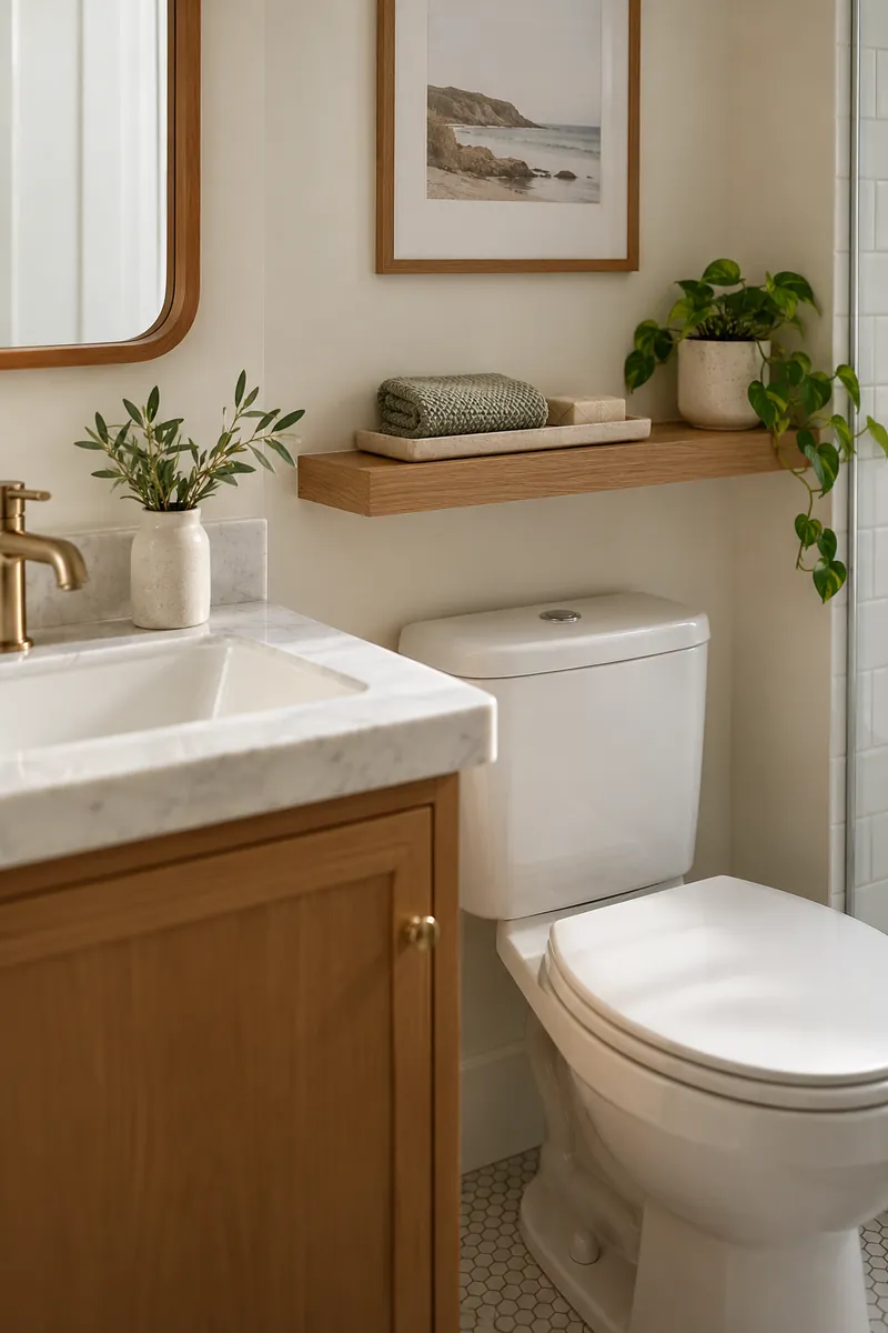 Dry bathroom shelf holding one folded guest hand towel and a small spare wrapped soap on a tray.