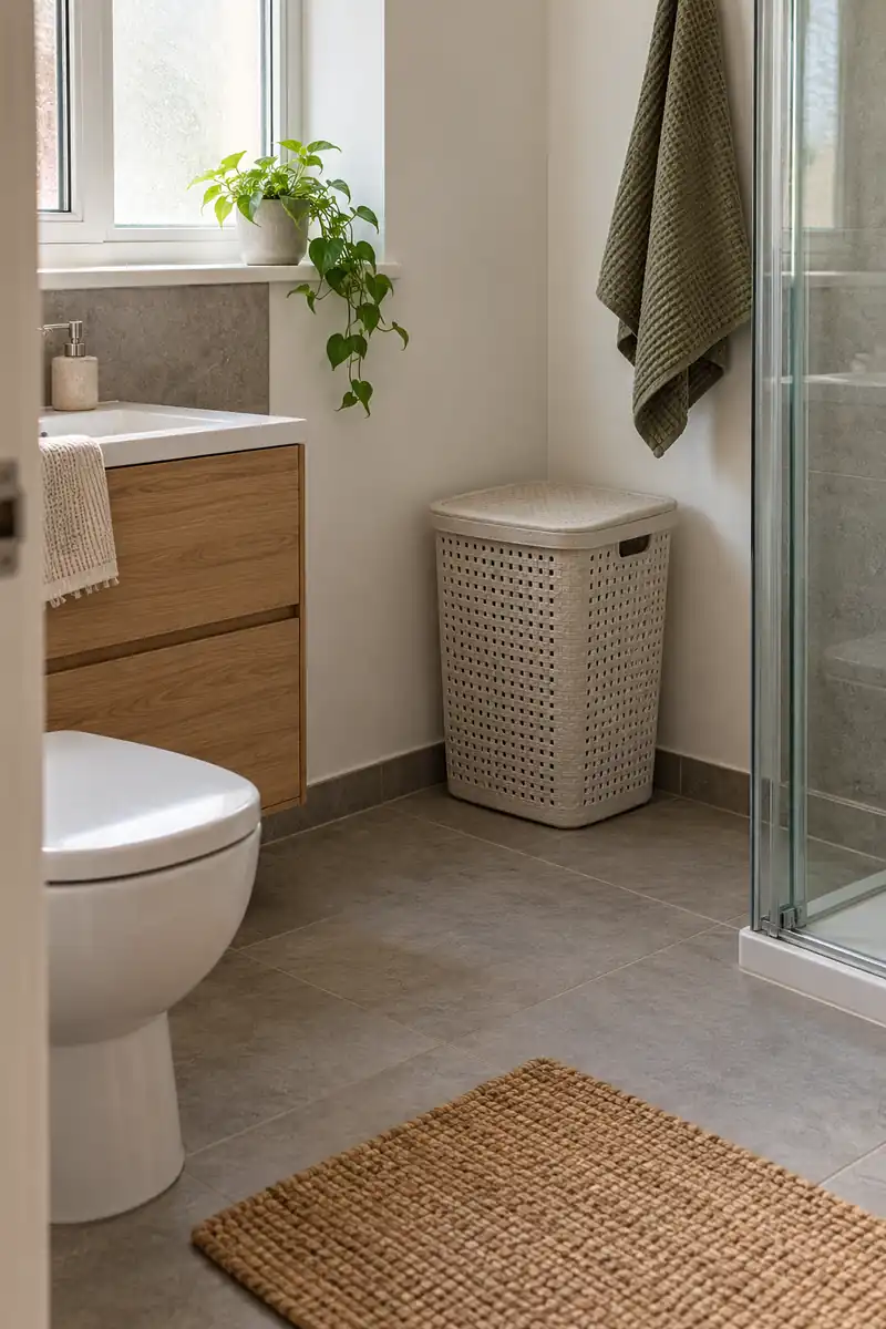 Small ventilated laundry hamper positioned in a dry bathroom corner away from shower and clear of doorway.