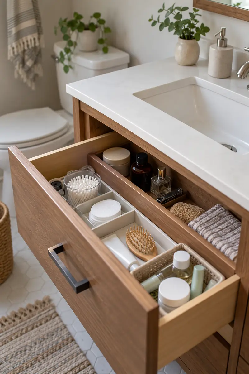 Open bathroom drawer with everyday toiletries in front and occasional grooming supplies in a rear compartment.
