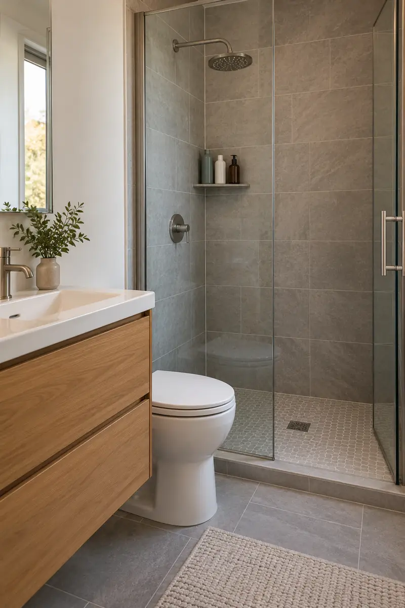 Small shower shelf with three upright closed shampoo and wash bottles, no piles, clear shower floor.