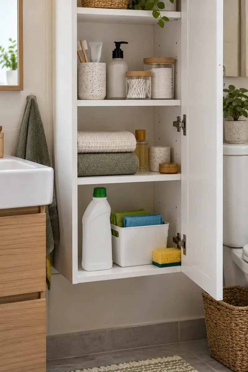 Dry bathroom cupboard with cleaning cloths and a closed cleaning bottle on a separate lower shelf from toiletries above.
