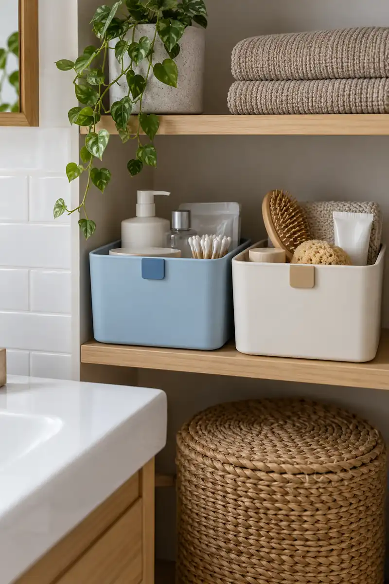 Two small bathroom bins on a dry shelf with simple distinct blue and beige color tabs, no letters, holding different toiletries.