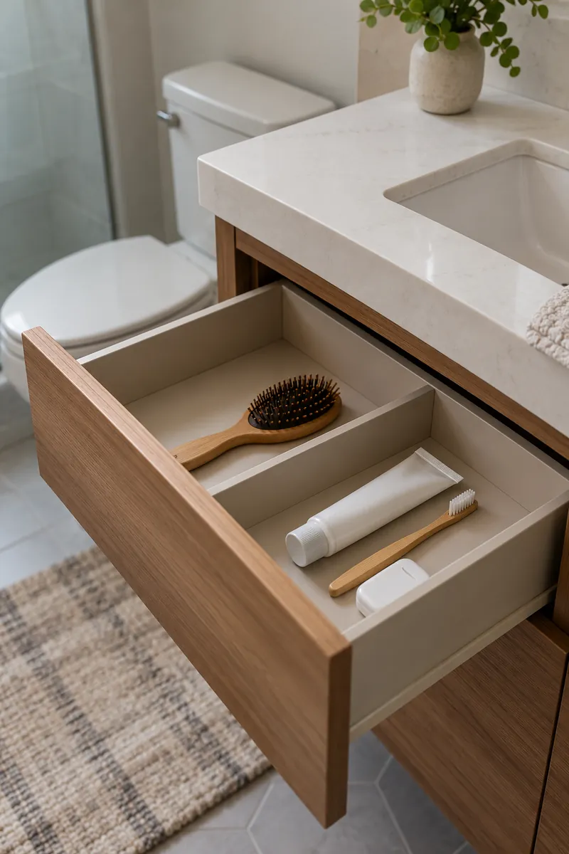 Open bathroom drawer with a hairbrush in one long section and dental supplies in another, empty room around each item.
