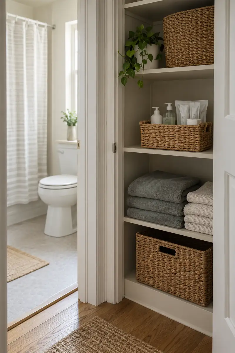 Dry hallway cupboard just outside a small bathroom with a modest basket of unopened refill toiletries.