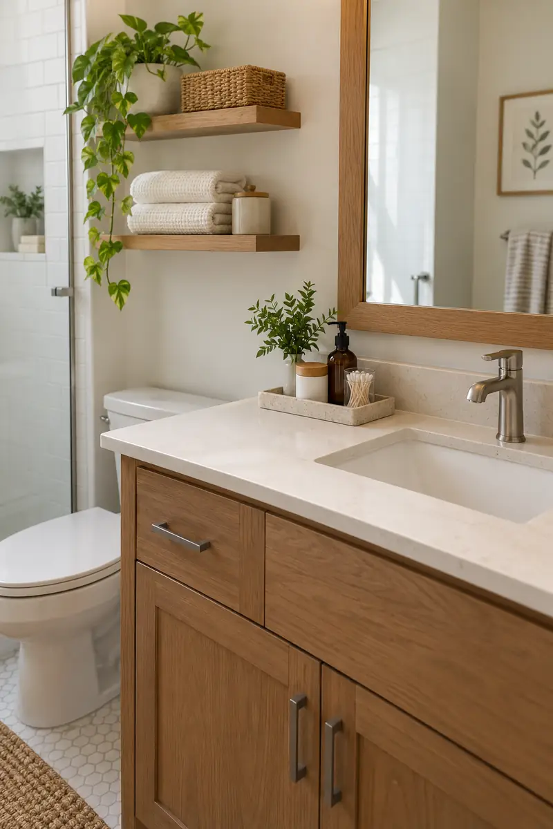 Small organized bathroom vanity with one removable toiletry tray and substantial empty surface for easy cleaning.