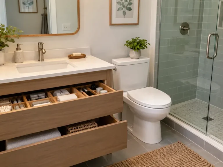 Small bathroom with organized everyday toiletries, divided drawers and a clear counter.