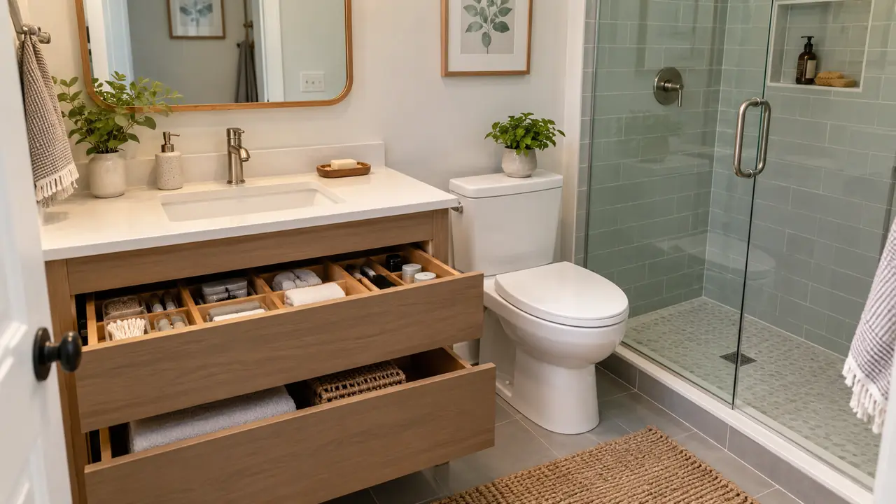 Small bathroom with organized everyday toiletries, divided drawers and a clear counter.