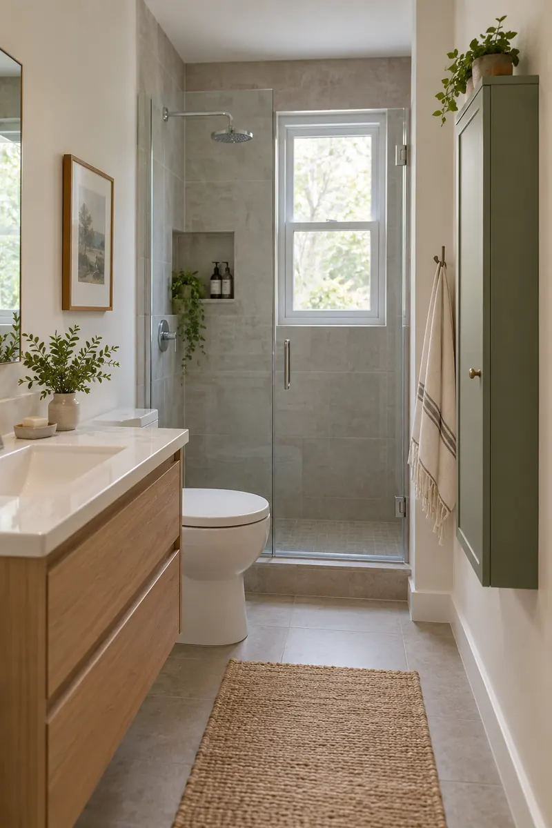 Small bathroom with a slim closed wall cabinet on a dry side wall, narrow depth, clear circulation.