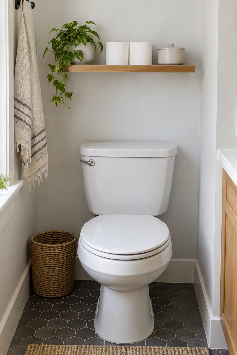 Small bathroom with one shallow shelf mounted well above toilet, holding two light toilet paper rolls and a small lidded container, tank lid accessible.