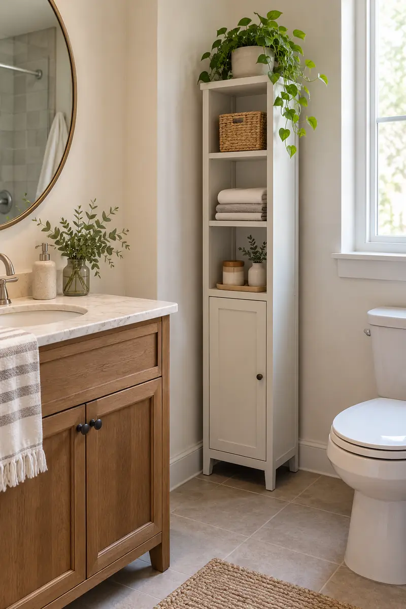 Slim freestanding bathroom storage tower with enclosed lower shelves in a dry unused corner, clear walking route.