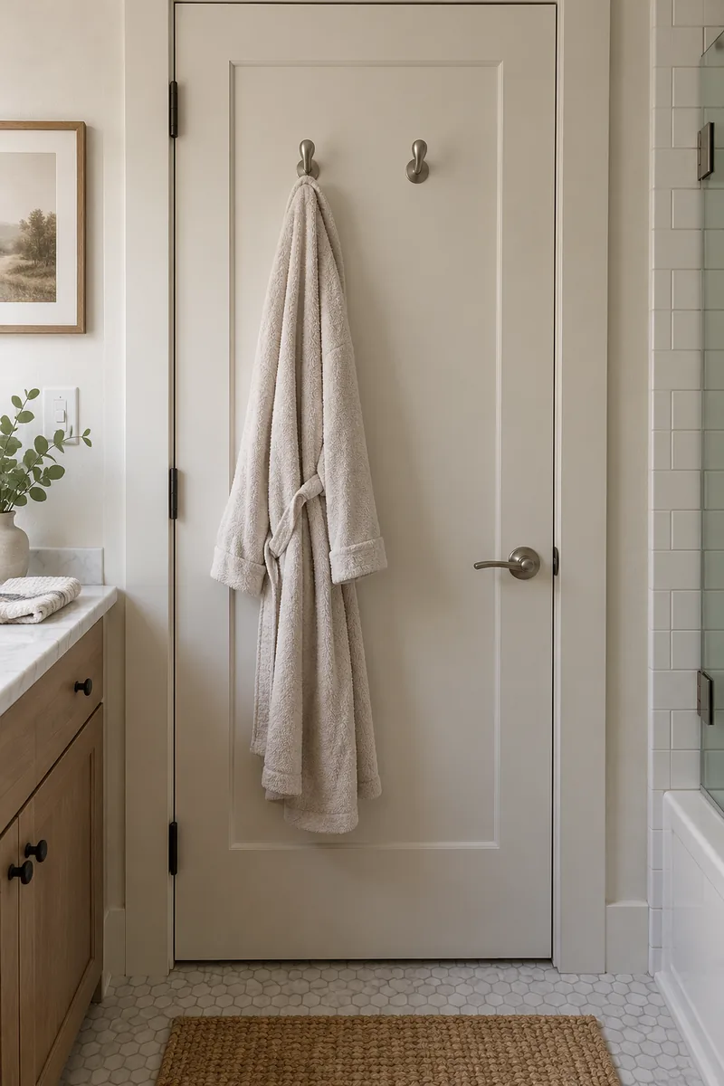 Inside of a solid bathroom door with two small hooks and a single light bathrobe, handle and hinges unobstructed.
