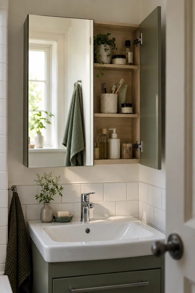 Small bathroom mirror cabinet with one door open to show shallow shelves containing toiletries, white basin below.