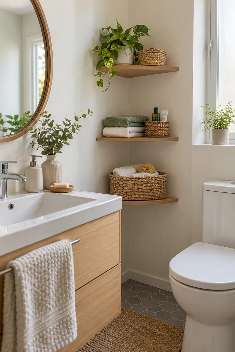Compact bathroom dry corner with three shallow wooden shelves holding small folded towels and toiletry baskets.